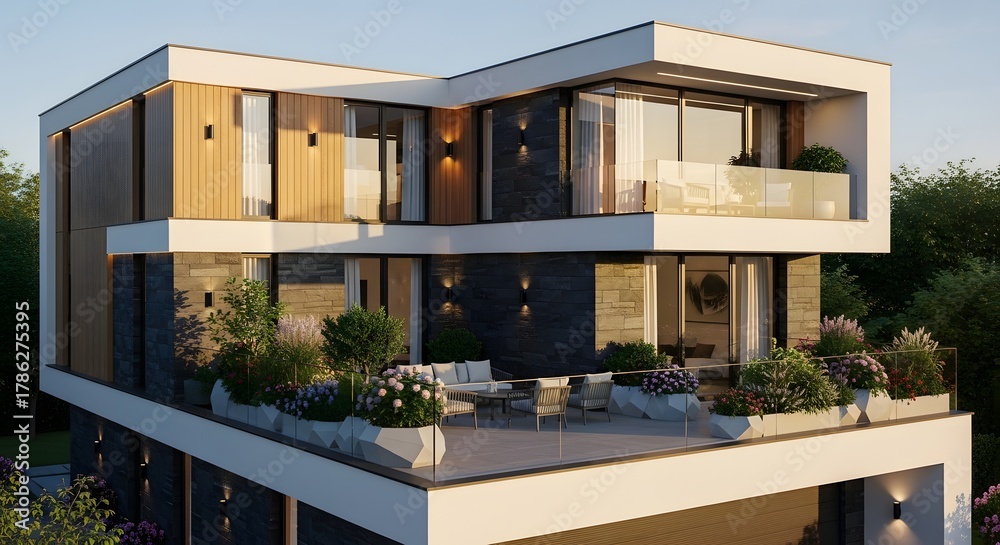 Fototapeta premium Modern Luxury House with Terrace, Balcony, and Lush Greenery
