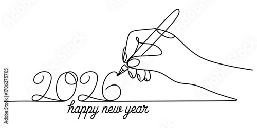 Hand writing 2026 happy new year, continuous line art illustration.