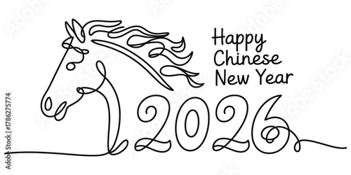 Minimalist line art horse and 'happy chinese new year 2026' text
