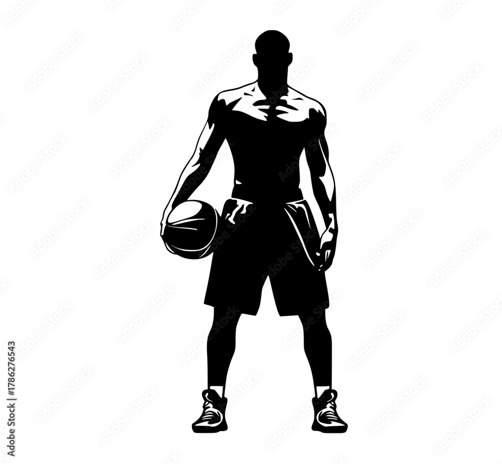 Fototapeta premium a silhouette of a basketball player holding a basketballathletic, ball, basketball player, black, catch, hand, illustration, man, muscle, profile, short, stand 