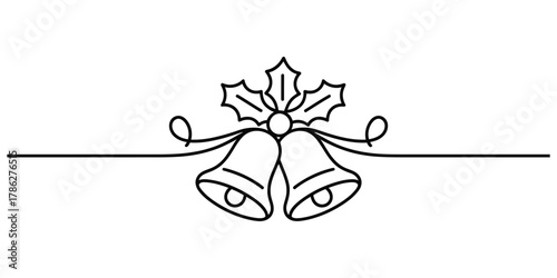 Simple christmas bells with holly leaf line art graphic element.