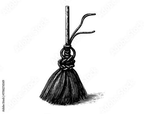a black and white illustration of a broom with a knot tied at the handleblack, broom, brush, catch, drawing, floor, illustration, ink, knot, rope, sketch, swab, tassel 