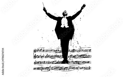 a silhouette of a conductor with his arms raised, surrounded by music notesarm, art, business suit, cocktail dress, conductor, hand, illustration, man, music, note, stand 