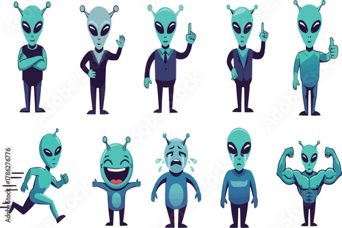 Cartoon Aliens in Different Poses and Outfits – Cute Extraterrestrial Characters Vector Set