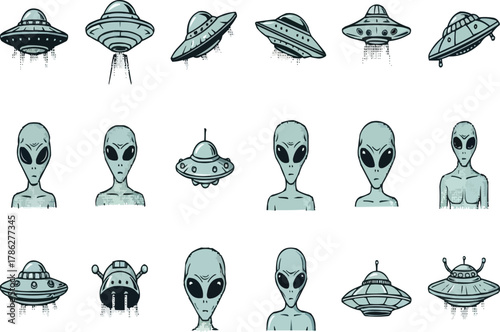 Collection of cartoon aliens and flying saucers extraterrestrial