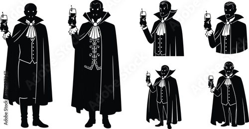 Classic vampire silhouettes holding wine glasses, gothic Dracula figures in capes, elegant horror characters for dark fantasy or Halloween art.