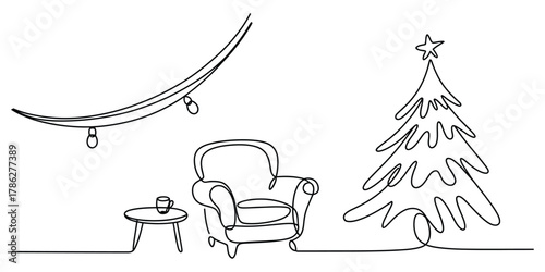 Continuous line drawing: festive christmas living room, cozy interior