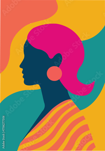 Colorful Abstract Female Portrait with Pink Hair – Modern Vector Illustration
