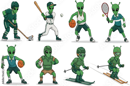 Green aliens playing various sports on white background