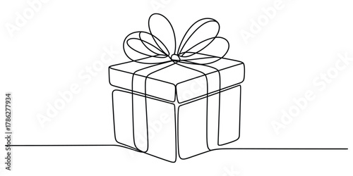 Continuous line art of a gift box with a bow, minimalist style