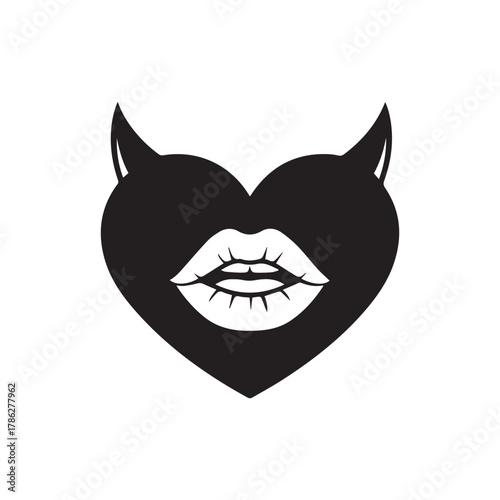 Black devil heart with lips isolated on white background