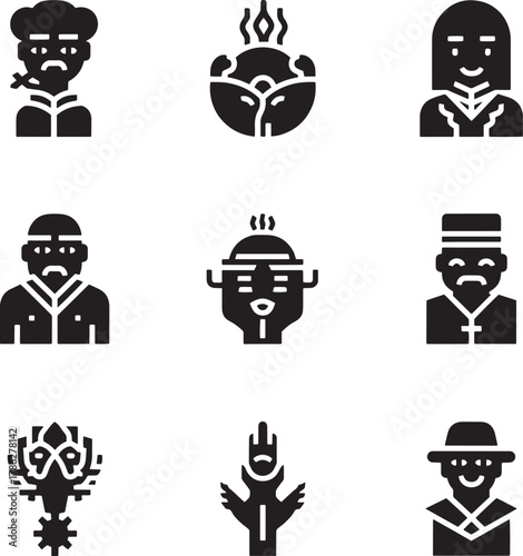 Stylized figures and objects in black silhouette white