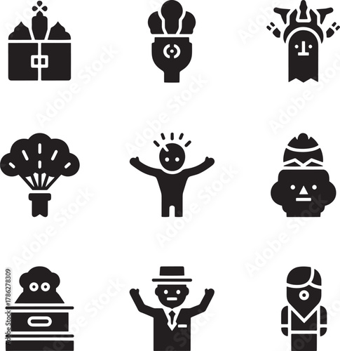 Various stylized figures and objects in black silhouette vector