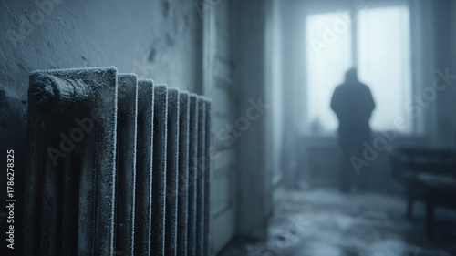 Cold Apartment With Non Working Cast Iron Radiator And Silhouette By Window Blue Melancholic Atmosphere