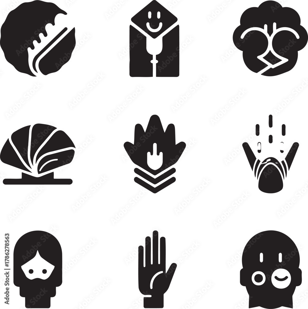 Fototapeta premium Black icons depicting various abstract shapes and figures white graphic