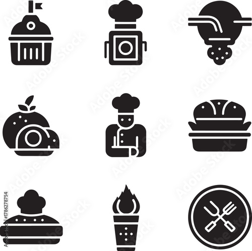 Cupcake chef hat coffee maker orange burger chef ice cream torch crossed forks flag treat