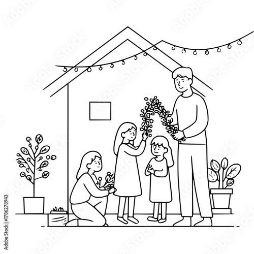 Family decorating home with plants and lights outdoor celebration drawing vector illustration design