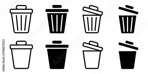 Trash icon set. A collection of simple and minimalist trash can icons, illustrated with different angles and styles, perfect for use as a recycle bin sign in graphic designs.