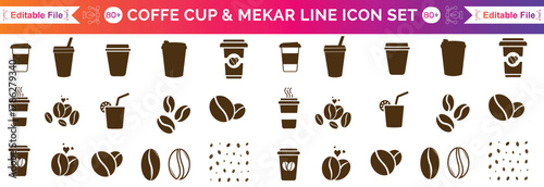 Coffee mug and tea cup vector icon set. Black silhouette collection with steam and heart symbols for cafe logo, coffee shop branding, menu design or hot drink element. 