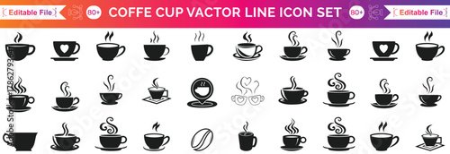 Coffee mug and tea cup vector icon set. Black silhouette collection with steam and heart symbols for cafe logo, coffee shop branding, menu design or hot drink element. 