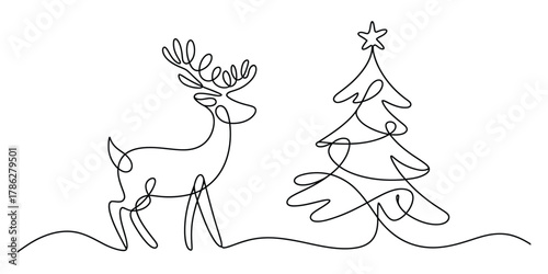 Reindeer and christmas tree one line art holiday season vector