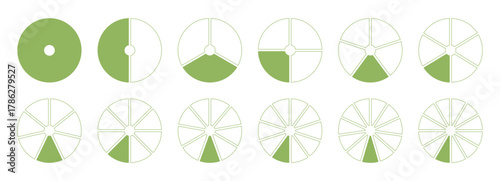 Divided circular diagrams on from 1 to 12 equal parts. Segments green wheel round infographic. Set of coaching blank templates. Graph pie, pizza shape section charts icons collection.