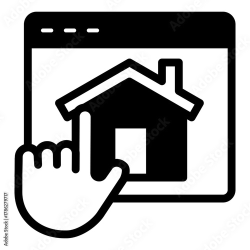 Hand pointer on website with house solid icon, work from home concept, remote job vector sign on white background, glyph style icon mobile concept web design. Vector graphics.