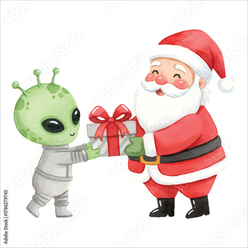 Santa and Alien Exchanging Gifts Watercolor Vector
