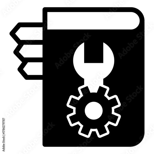 Book with wrench, mechanism gear solid icon, user manual concept, guide with bookmarks vector sign on white background, glyph style icon mobile concept web design. Vector graphics.