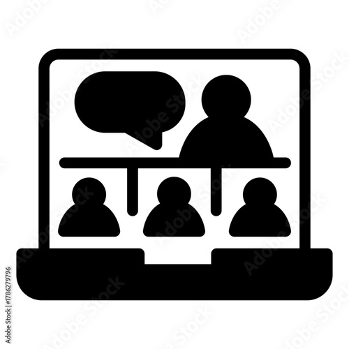 Laptop and online conference app solid icon, virtual communication concept, video call vector sign on white background, glyph style icon mobile concept web design. Vector graphics.