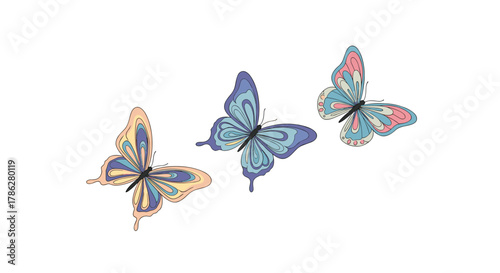 Set of three beautifully detailed butterflies with colorful and intricately patterned wings in pastel shades of blue, pink, and yellow, isolated on a white background.