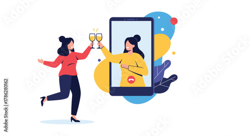 Two happy women celebrating with a virtual toast, one raising her glass to a friend on a smartphone screen who is toasting back, symbolizing online friendship.
