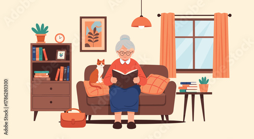 Cozy illustration of an elderly woman with glasses sitting on a sofa and reading a book, with her cat beside her in a warm and comfortable living room interior.