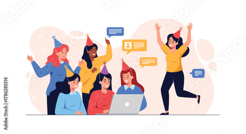 Diverse group of happy female friends wearing party hats and celebrating together online with a laptop, showing friendship and virtual connection in a modern illustration.