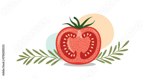 Artistic illustration of a sliced red tomato with green rosemary sprigs against a soft abstract background, creating a fresh and healthy food concept for culinary designs.