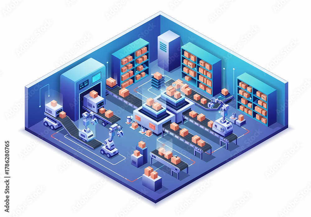 Obraz premium Modern Warehouse Fulfillment Center Isometric Illustration - Tech & Logistics
