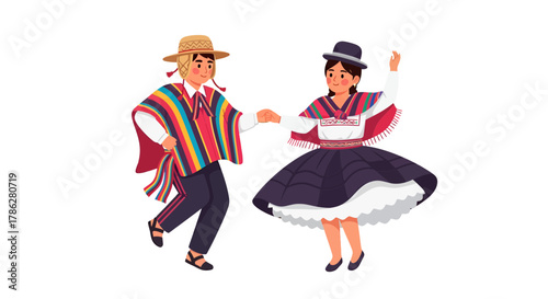 Illustrative peruvian couple dressed in traditional clothing dancing gracefully together