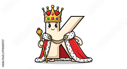 Illustrative majestic letter K character adorned with royal crown and opulent robe