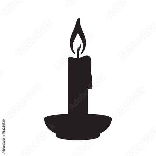 A black silhouette of a lit candle on a candle holder, , showcasing its simple yet elegant design and soft, flickering light