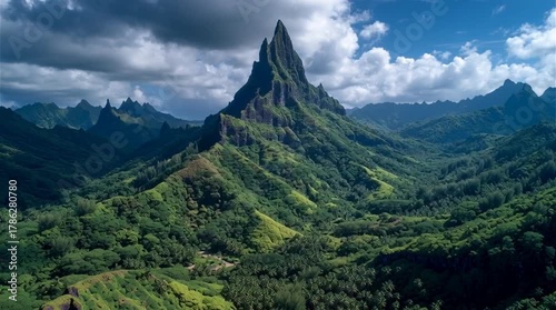 Aerial view of a lush green valley with sharp mountain peaks under a cloudy sky landscape scene