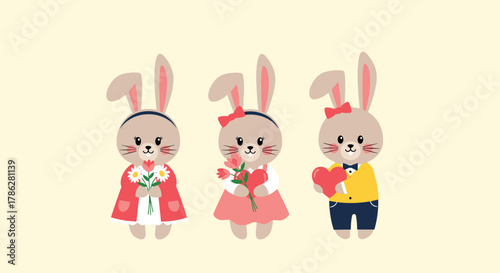 Charming set of three cute cartoon rabbits dressed up for a date, holding flowers and hearts to celebrate Valentine's Day or another romantic occasion on a beige background.