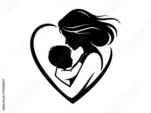 Black and white silhouette of a mother cradling her child within a heart-shaped outline, symbolizing maternal love, bonding, protection and family connection. Mother Day symbol