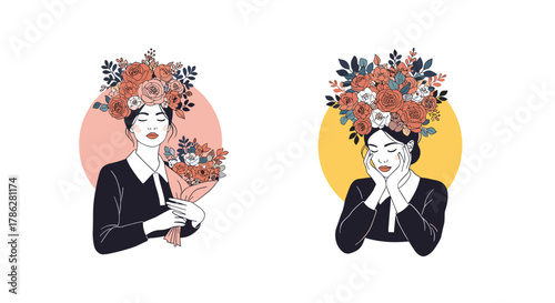 Set of two beautiful illustrations of a woman with an elaborate floral crown, one holding a bouquet and the other resting her head, against simple colorful backgrounds.