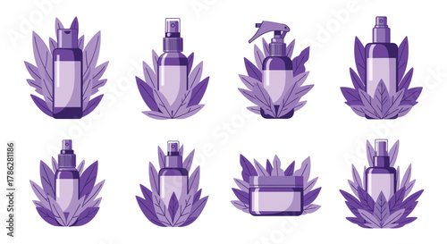 Set of monochrome purple cosmetic product bottles, including sprays and jars, framed by lush leaves, illustrating natural and organic skincare on a clean white background.