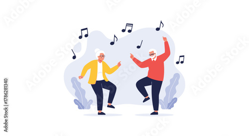 Happy and active senior couple dancing joyfully together with musical notes floating around them, illustrating a fun and energetic retirement lifestyle on a white background.