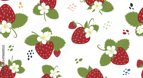 Fresh and sweet seamless pattern of ripe red strawberries with white blossoms and green leaves on a clean white background, perfect for summer fabric or wallpaper designs.