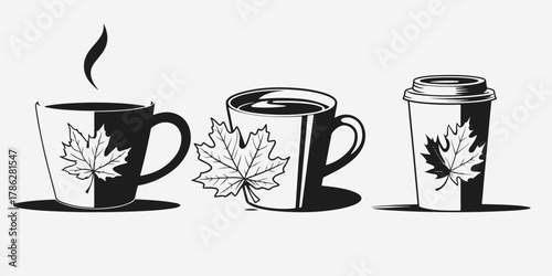 coffee cup with autumn leaf sketch illustration vector set