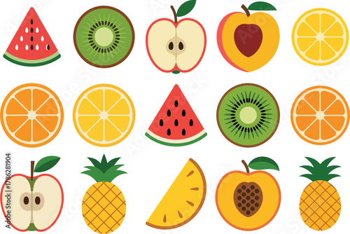 Assorted fresh fruit slices and whole fruit on light green background vibrant and colorful organic a