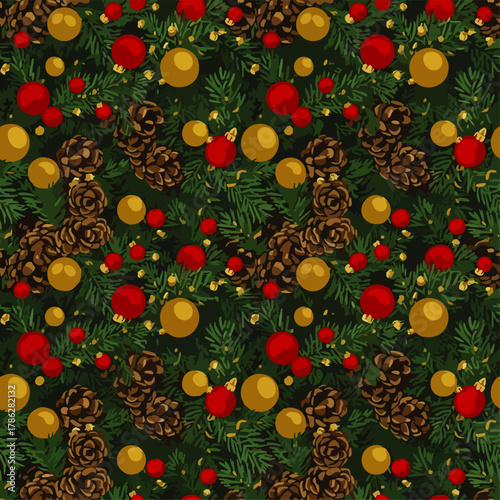 A vibrant, festive seamless pattern showcasing traditional Christmas elements like evergreen branches, natural pinecones, and gleaming red and gold baubles.