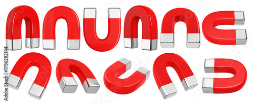 Isolated red horseshoe magnets set. 3D rendering.